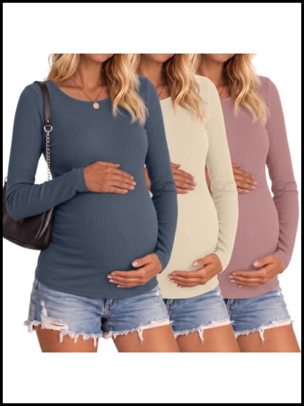 Maternity Long Sleeve Ribbed Knit Tops 3 Pack Pregnancy Shirts
